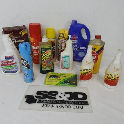13 pc Cleaning products for home and cars, Brake fluid, gas dyer and antifreeze.