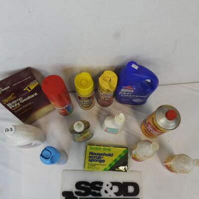 13 pc Cleaning products for home and cars, Brake fluid, gas dyer and antifreeze.
