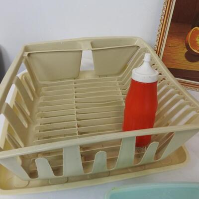 13 pc Kitchen Lot:  Pictures, dish rack, storage, bowls, cake holder