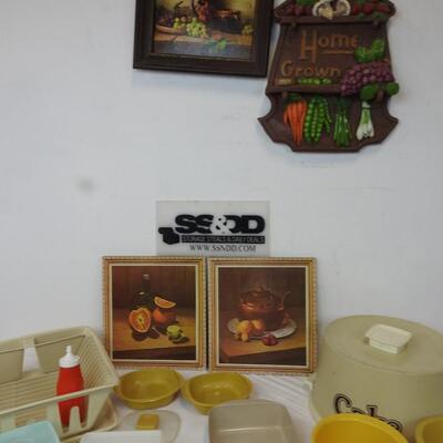 13 pc Kitchen Lot:  Pictures, dish rack, storage, bowls, cake holder