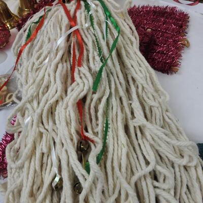 13 pc Christmas Lot: Placemats, garland, brass bells, angel, hand blown oil lamp