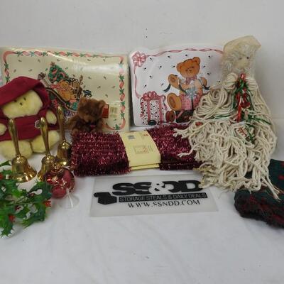 13 pc Christmas Lot: Placemats, garland, brass bells, angel, hand blown oil lamp