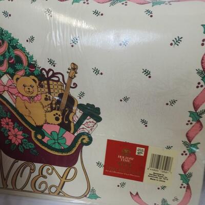 13 pc Christmas Lot: Placemats, garland, brass bells, angel, hand blown oil lamp
