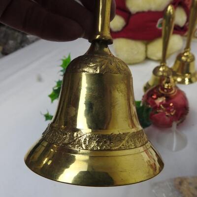 13 pc Christmas Lot: Placemats, garland, brass bells, angel, hand blown oil lamp