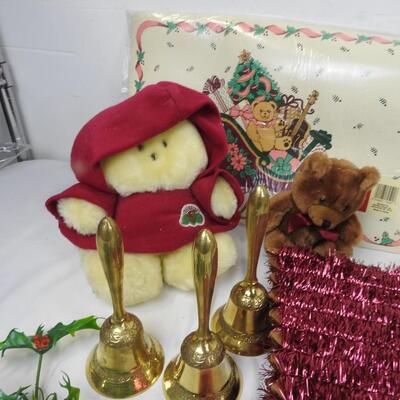 13 pc Christmas Lot: Placemats, garland, brass bells, angel, hand blown oil lamp