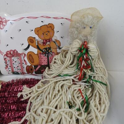 13 pc Christmas Lot: Placemats, garland, brass bells, angel, hand blown oil lamp