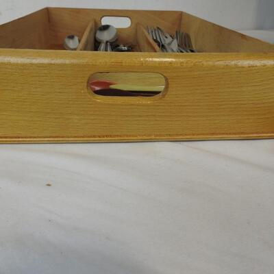 Wooden Silverware Tray with silverware, Tea balls, etc