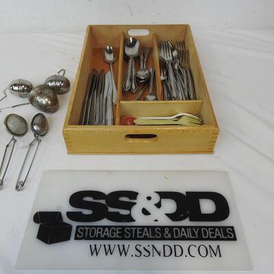 Wooden Silverware Tray with silverware, Tea balls, etc