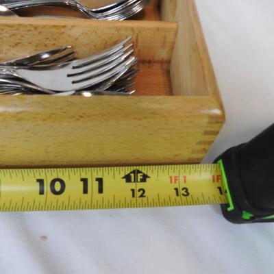 Wooden Silverware Tray with silverware, Tea balls, etc