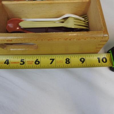 Wooden Silverware Tray with silverware, Tea balls, etc
