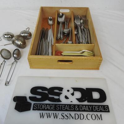 Wooden Silverware Tray with silverware, Tea balls, etc