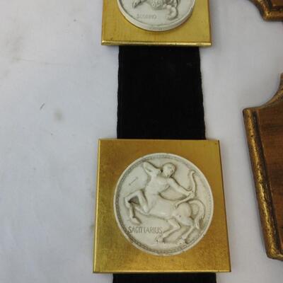 4 pc Decor Lot: Hanging Mirror with Sconces, Hanging Strip Design, wood & fabric