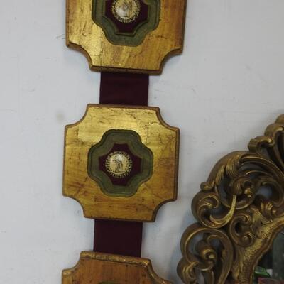 4 pc Decor Lot: Hanging Mirror with Sconces, Hanging Strip Design, wood & fabric