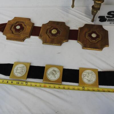 4 pc Decor Lot: Hanging Mirror with Sconces, Hanging Strip Design, wood & fabric