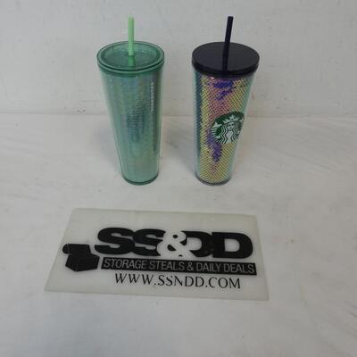 Two Starbucks Reusable Cups, One Teal and One Purple Sequins - New