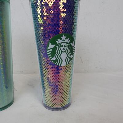 Two Starbucks Reusable Cups, One Teal and One Purple Sequins - New