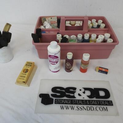 Art Lot: Pink Caddy Full of Art Supplies, Brushes, Paint, Sanding Block