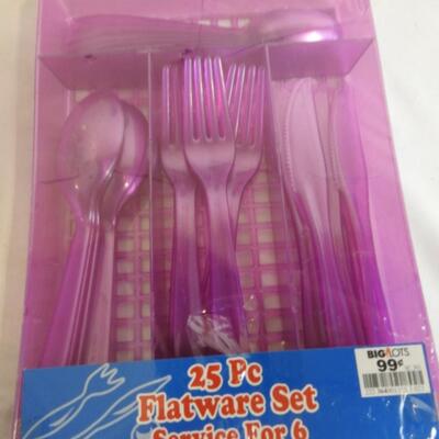 Purple Party Lot: Hanging Light, reusable purple plates, cups, bowls, silverware