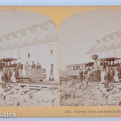 STEREOVIEW - TRAIN at SUMMIT HOUSE Mt WASHINGTON