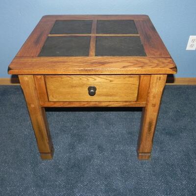 LOT 43 TWO MATCHING OAK AND SLATE END TABLE