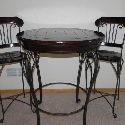 LOT 42  COUNTER HEIGHT ROUND TABLE  & 2 STOOLS
