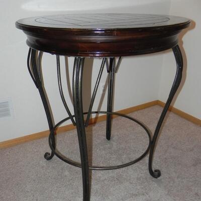 LOT 42  COUNTER HEIGHT ROUND TABLE  & 2 STOOLS
