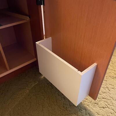 LOT 810. VINTAGE DANISH MODERN TEAK ROLLTOP PULL OUT DESK CABINET
