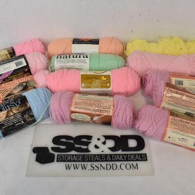 13 Skeins of Yarn, Pink, Blue, Green, Yellow, Peach