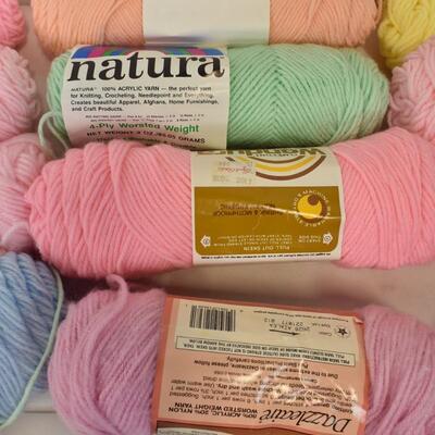 13 Skeins of Yarn, Pink, Blue, Green, Yellow, Peach