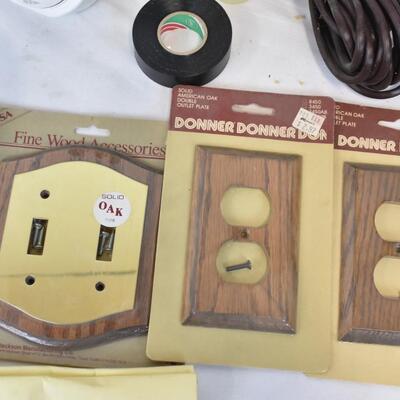 Household Lot: Vintage Wood Wall Outlet Covers, Phone, Nails, Electrical Tape