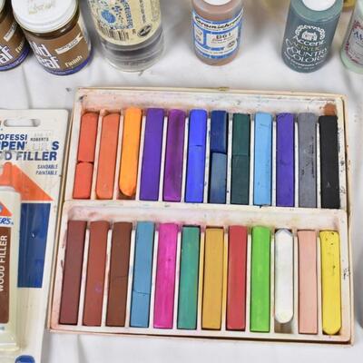 Lot of Acrylic  and other assorted Paints, Pastels, Glue,, In Tote