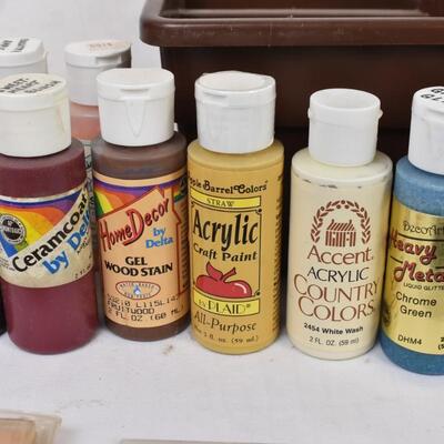 Lot of Acrylic  and other assorted Paints, Pastels, Glue,, In Tote