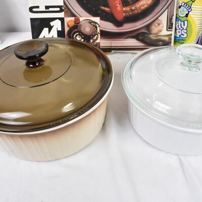 5 pc Kitchen Lot: Smokeless Indoor Stove Top, Corning Ware Round Pans