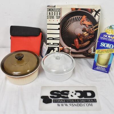 5 pc Kitchen Lot: Smokeless Indoor Stove Top, Corning Ware Round Pans