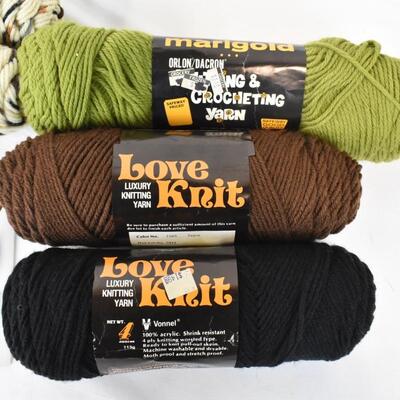 6 Skeins of Yarn, Love Knit, Lion Brand, Fishermen Print, Avocado, Black, Sepia