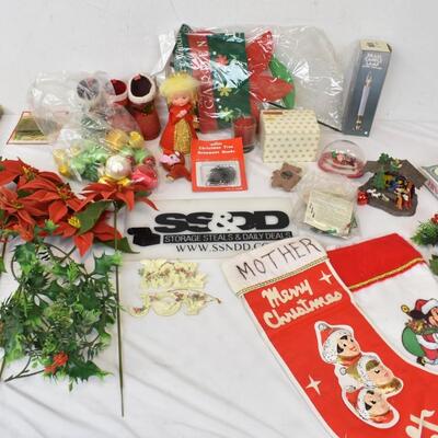 Christmas Lot: Flowers, Decor, Frosted Glass Nativity, Stockings, Angel Hair