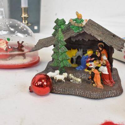 Christmas Lot: Flowers, Decor, Frosted Glass Nativity, Stockings, Angel Hair