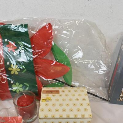 Christmas Lot: Flowers, Decor, Frosted Glass Nativity, Stockings, Angel Hair