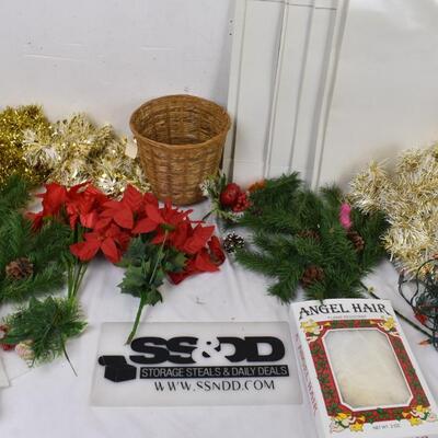 10 pc Christmas Lot: Garland, Gift Boxes, Angel Hair, Planter, Pellon Tree Skirt