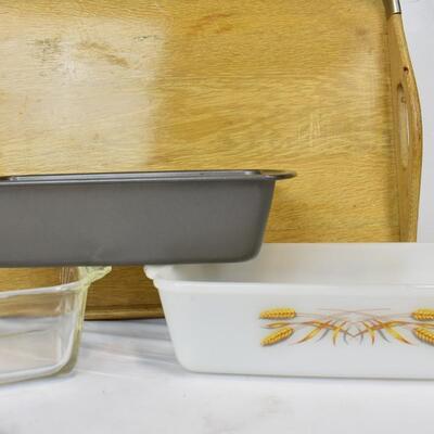 8 pc Kitchen, Fire-King Pans, Wooden Tray, Cutting Boards