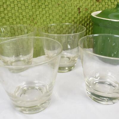 17 pc Kitchen Lot: Green Placemats, Glass Cups, Cast Iron Kitchen Tool Set