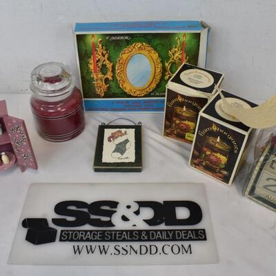 7 pc Decor, Seasonal Calendar, Candles, Small Shelf, Mirror