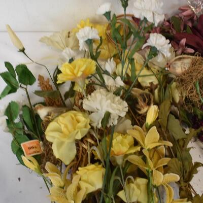 Lot of Faux Flowers and Floral, Birds, Red, White and Yellow