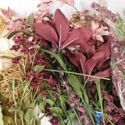 Lot of Faux Flowers and Floral, Birds, Red, White and Yellow