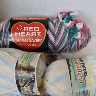Craft Lot: Skeins of Yanr, Shoe Lace, Crochet Hooks partially Made Blanket