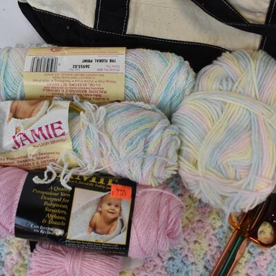 Craft Lot: Skeins of Yanr, Shoe Lace, Crochet Hooks partially Made Blanket