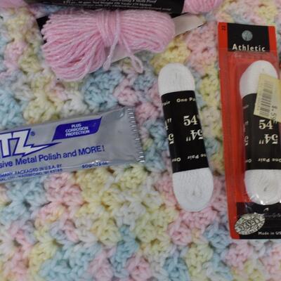 Craft Lot: Skeins of Yanr, Shoe Lace, Crochet Hooks partially Made Blanket