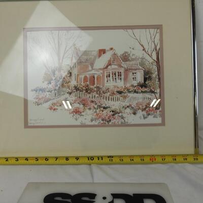 Framed Watercolor Art, House/Trees/Flowers. Small Chips in corner of glass