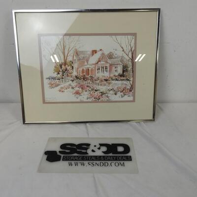 Framed Watercolor Art, House/Trees/Flowers. Small Chips in corner of glass