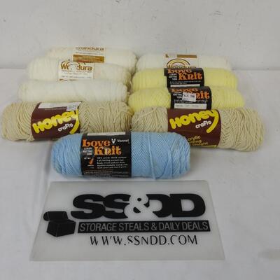 9 Skeins Yarn: Blue, Tan, Yellow, Cream/White